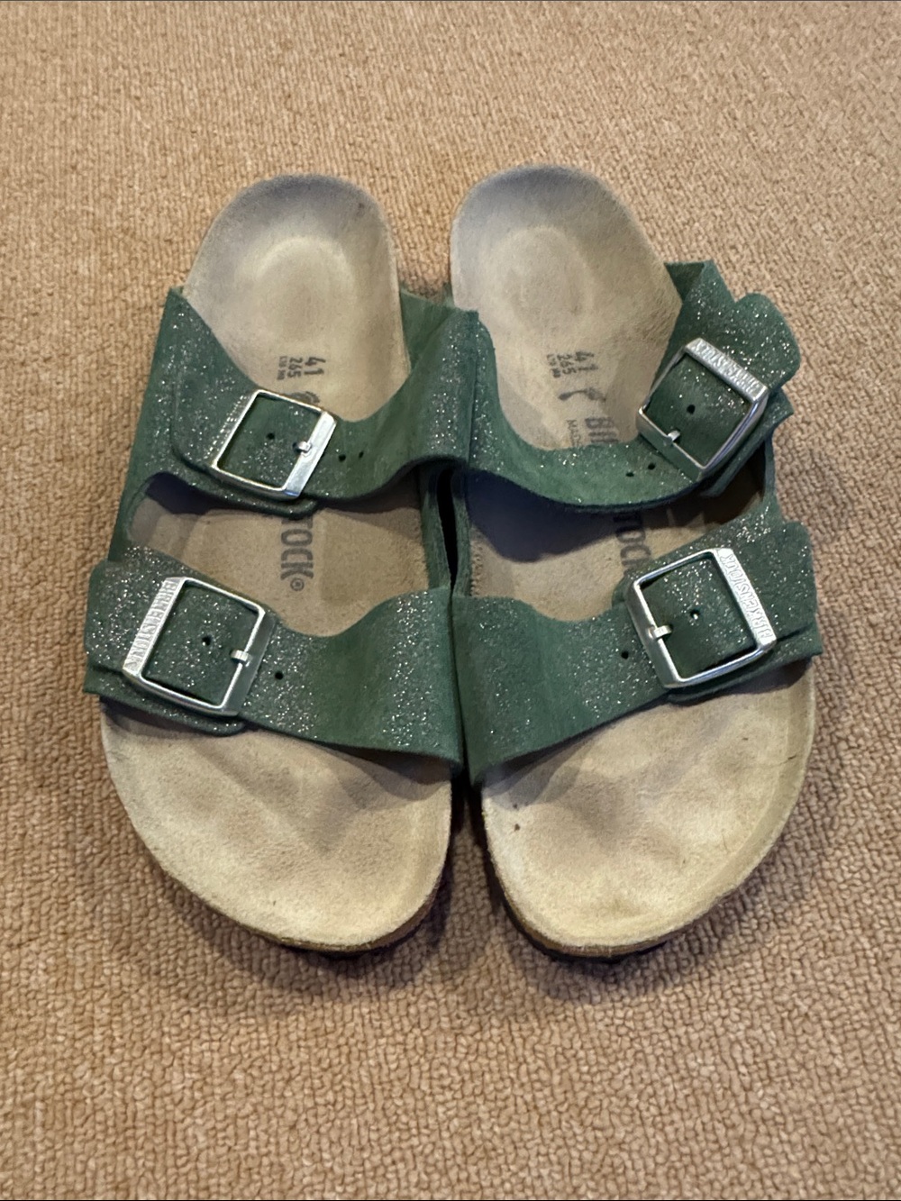 Birkenstock Green Glitter Double-Strap Sandals with Buckles